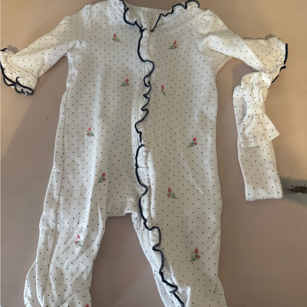 Little Me White Polka Dot Ruffle Footie with Pink Floral Embroidery